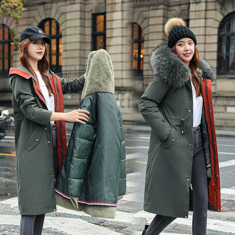 Women's long cotton-padded trench coat in bean green with 100cm length and fleece lining