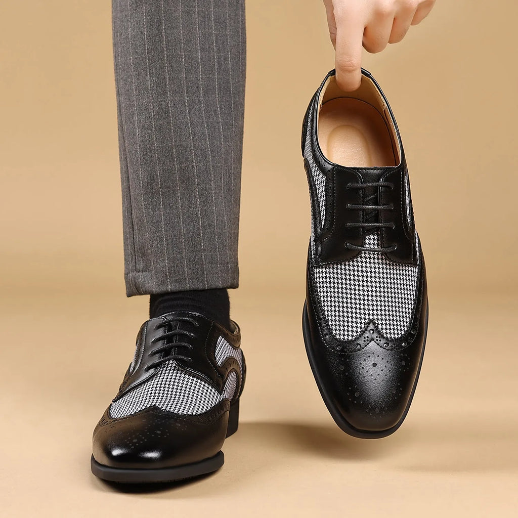 Men's black houndstooth pattern canvas casual shoes with lace-up front and rubber sole.