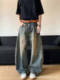 Men's retro blue distressed denim jeans with wide-leg cut and micro elasticity fabric