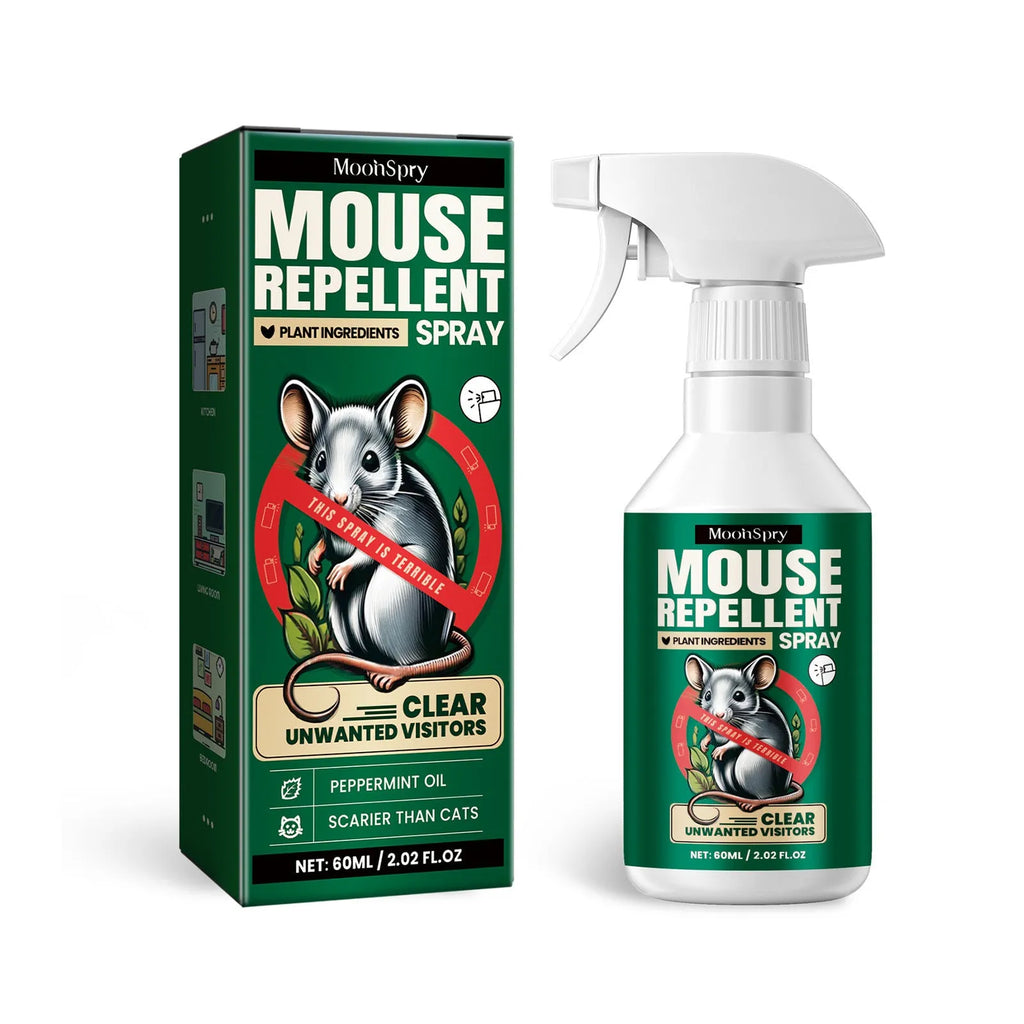 60ml bottle of natural rat repellent spray with clove and peppermint oil for cars and homes.
