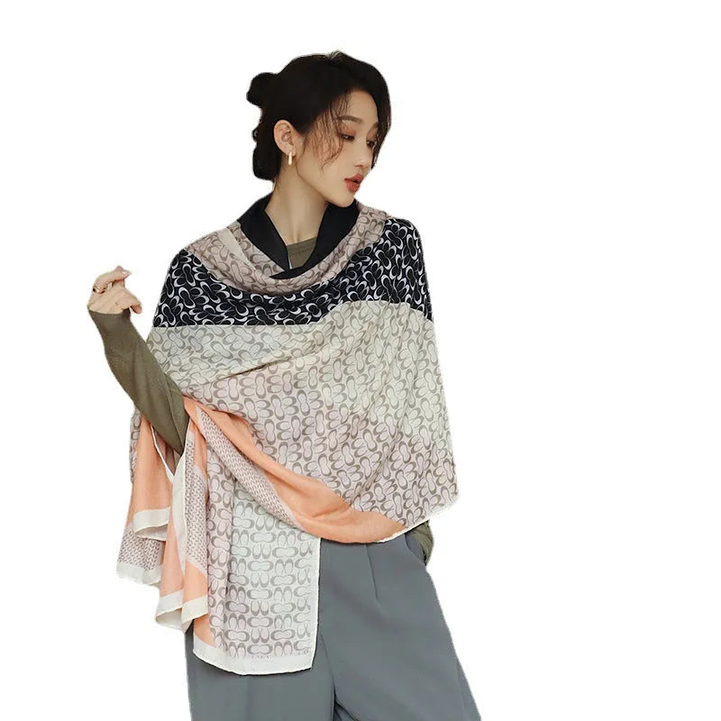 Vintage printed polyester scarf in mid-length 180x90cm size for autumn warmth