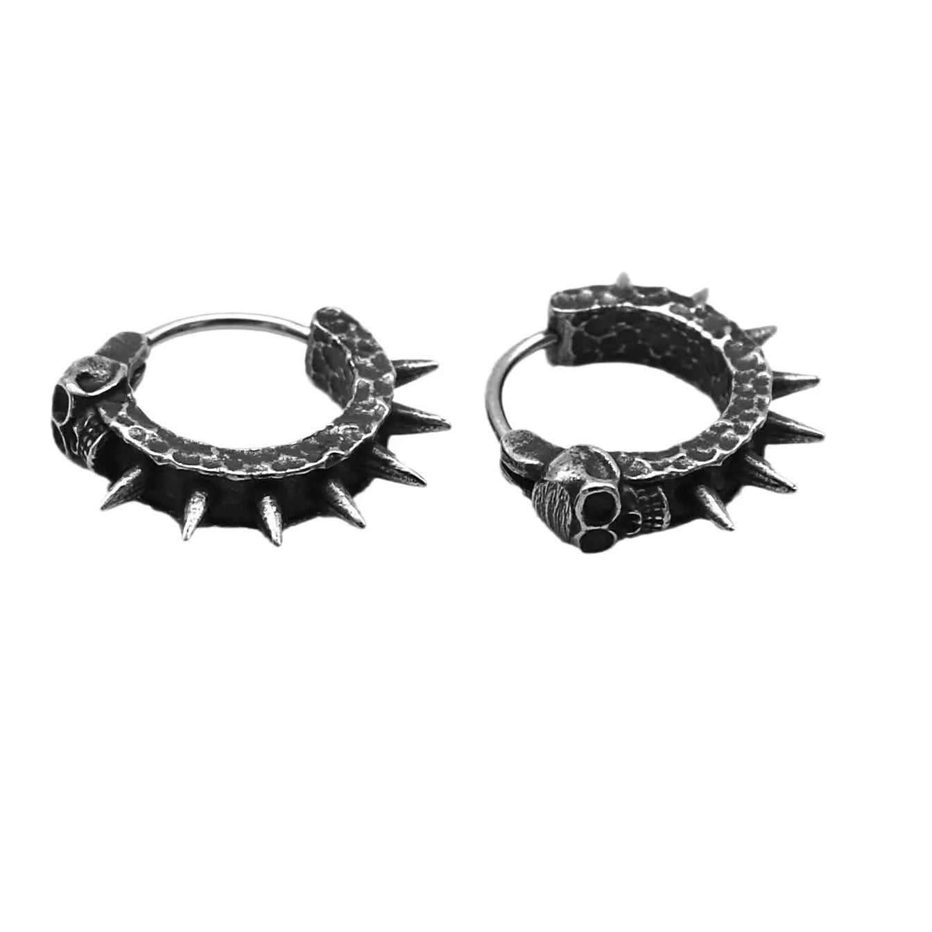 A pair of retro black alloy earrings with a geometry shape, designed with a punk motorcycle aesthetic.