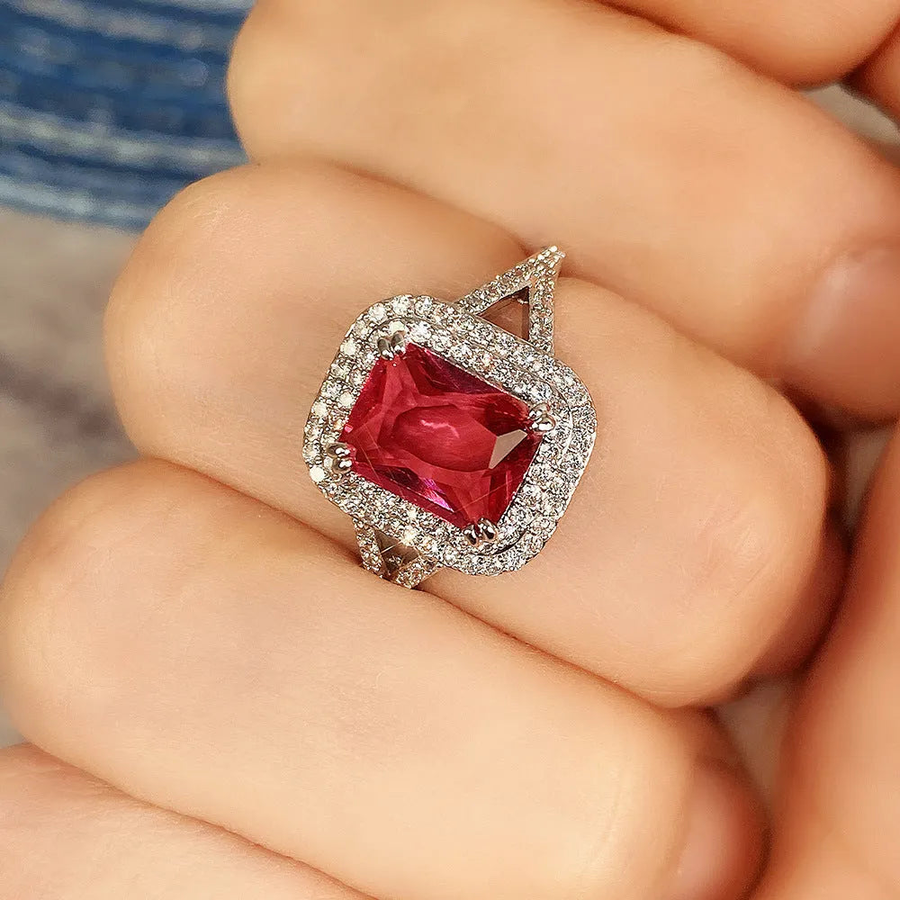 Copper square princess ring with red rhinestones in geometric style for women sizes 6 to 10