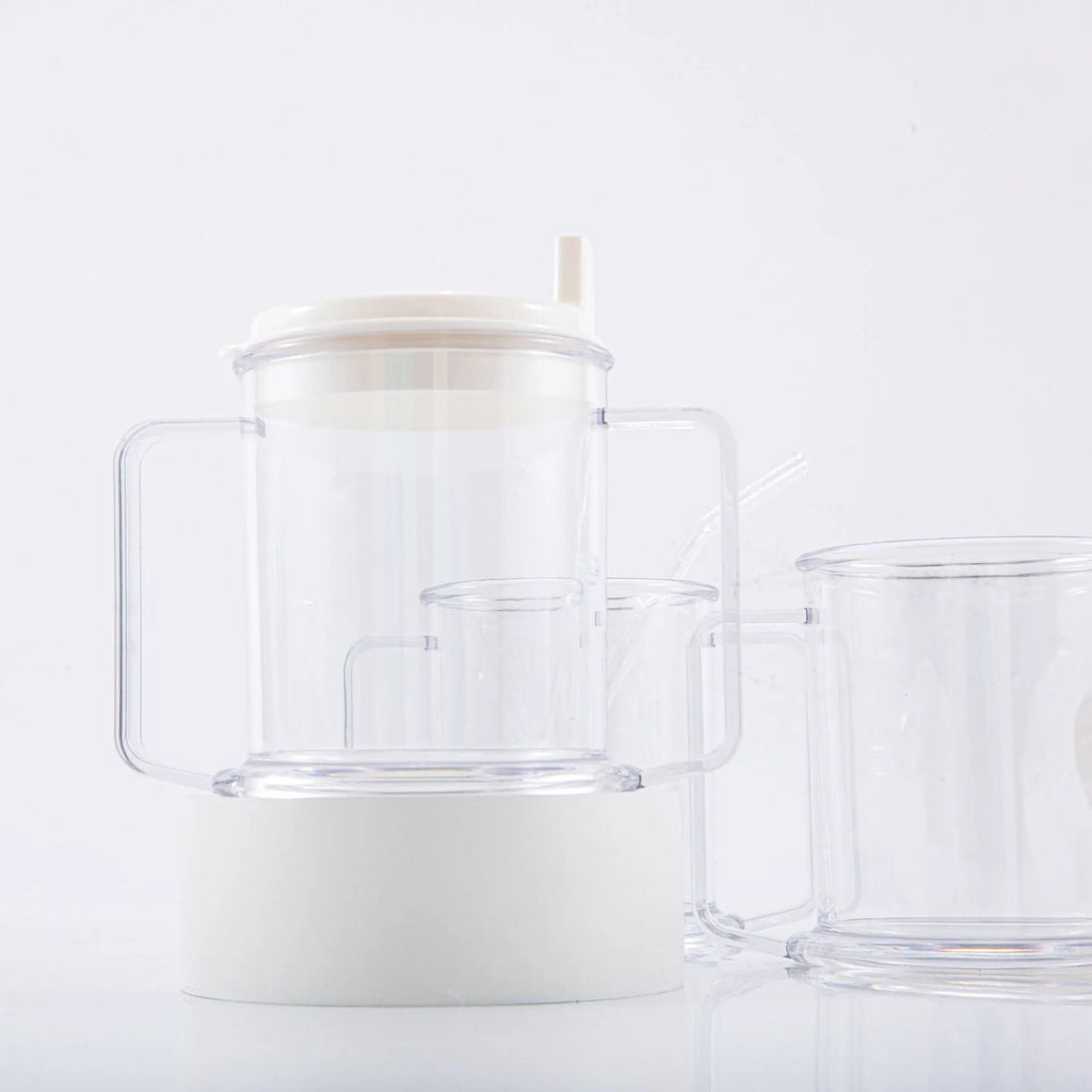 Transparent spill-proof plastic drinking cup showing 14cm height and 12cm diameter