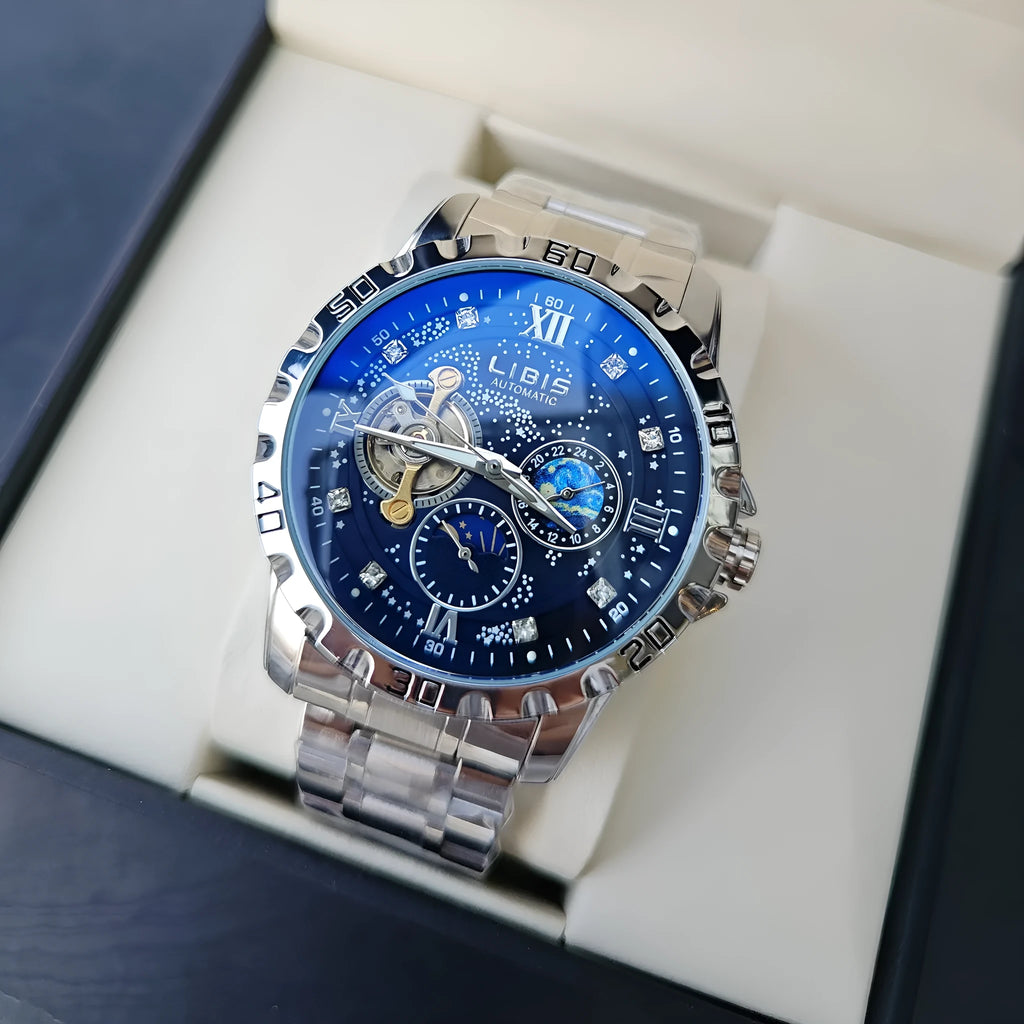 Men's silver mechanical watch with black starry dial and brown leather strap