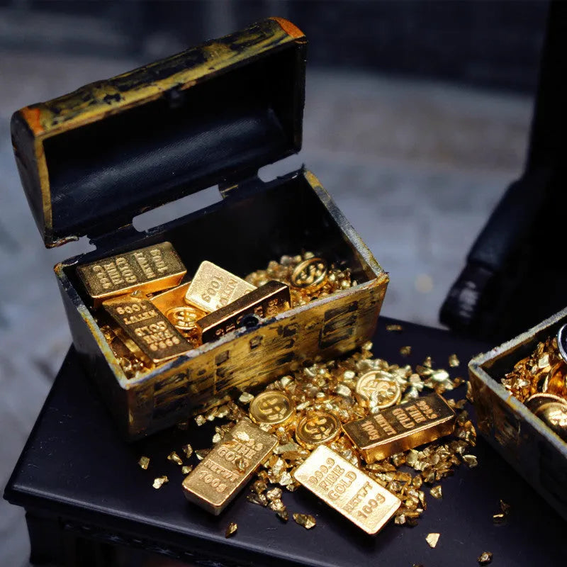 Miniature alloy treasure box doll house ornaments with gold coins and gold bars