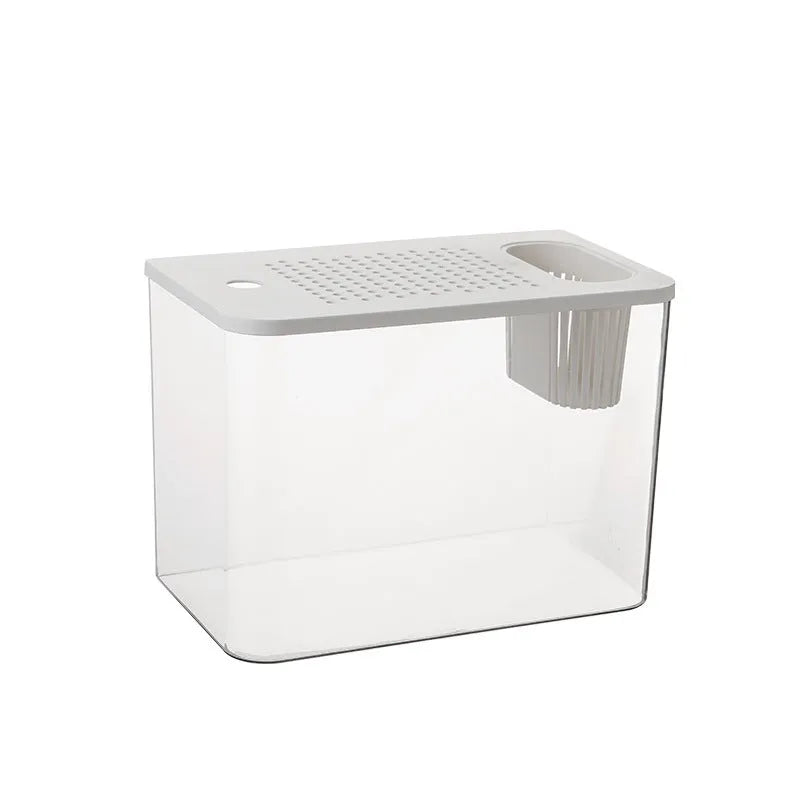 Clear plastic mini betta fish tank with a fitted cover, shown in black and white colour options.