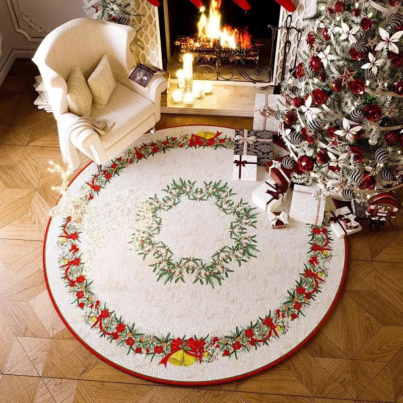 Round Christmas living room carpet in red festive design on wooden floor