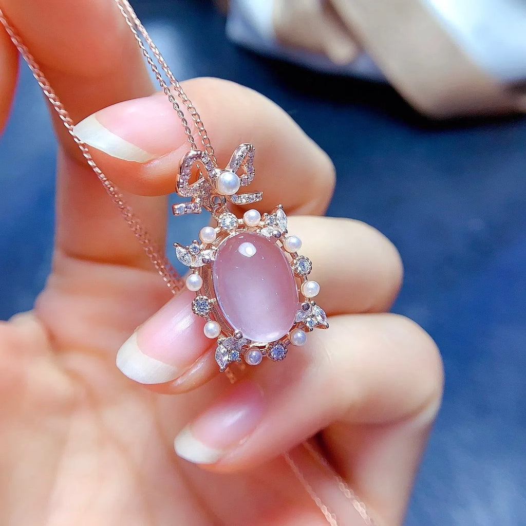 Natural pink rose quartz geometric pendant on sterling silver necklace with rose gold plating
