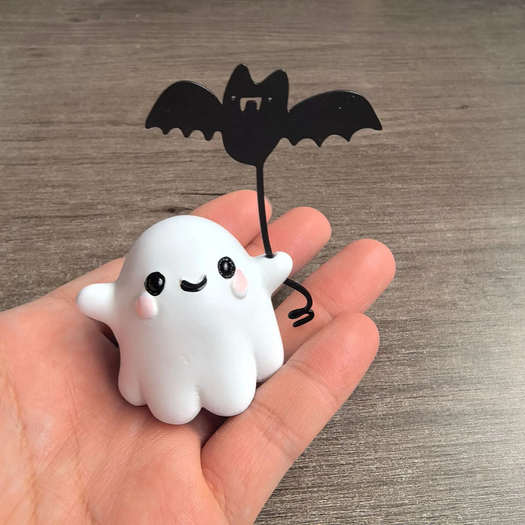 Small resin ghost walking dog Halloween statue in ghost holding bat colour