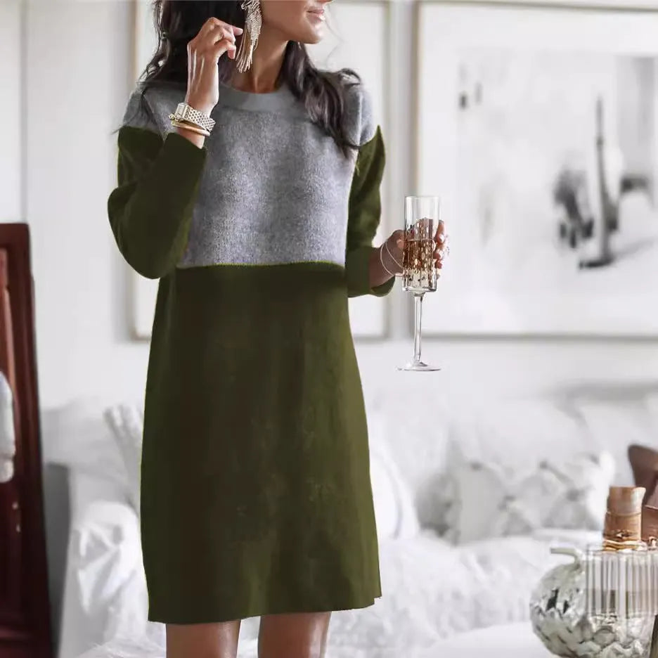 Brown women's polar fleece patchwork skirt dress with collage stitching and long sleeves