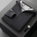 Men's dark blue cashmere cardigan sweater with zipper half-high collar and long sleeves