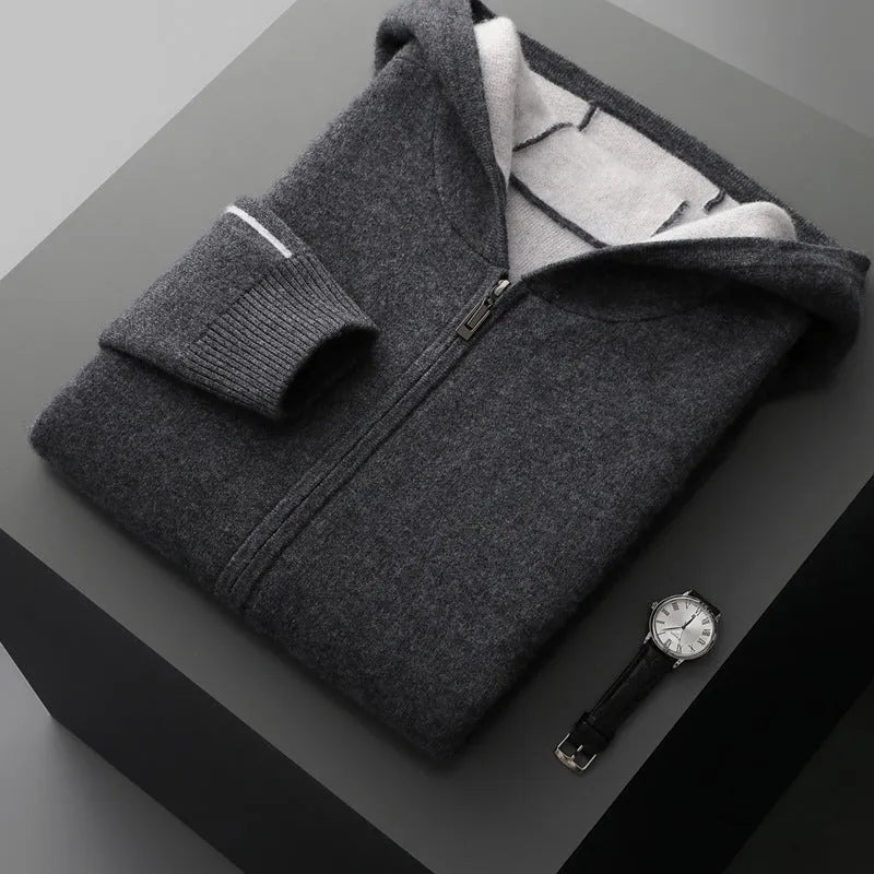 Men's dark blue cashmere cardigan sweater with zipper half-high collar and long sleeves