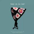 French retro cotton triangular headscarf with floral pattern and toe cap fastening.