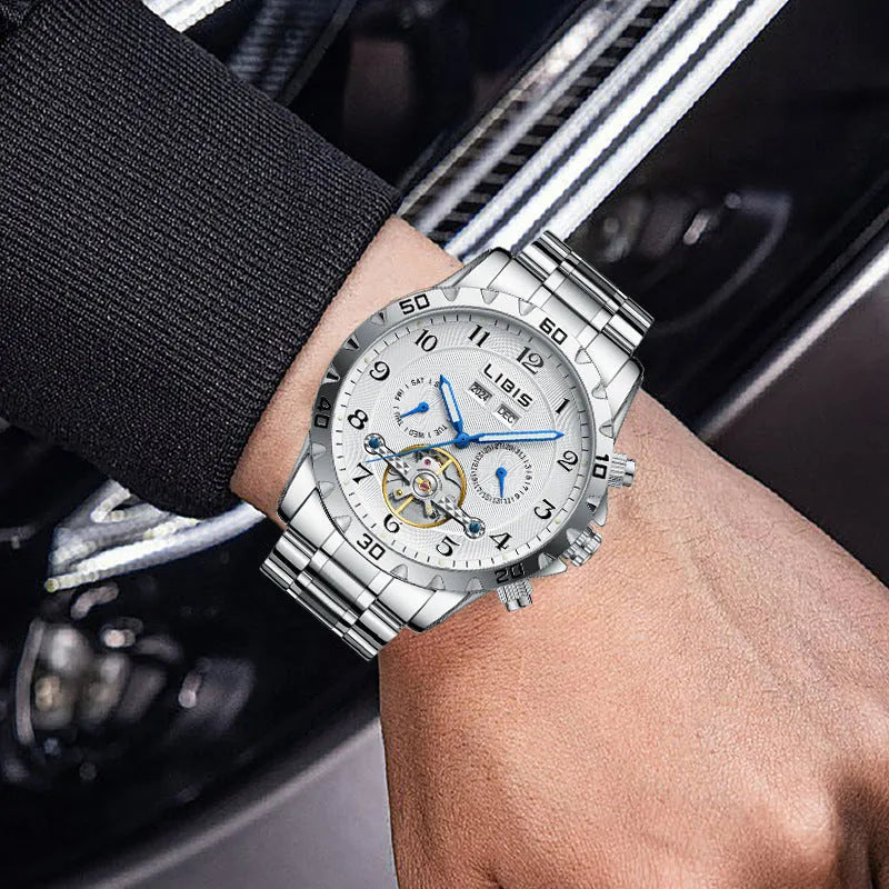 Men's silver automatic perpetual calendar mechanical watch with stainless steel bracelet and sapphire crystal
