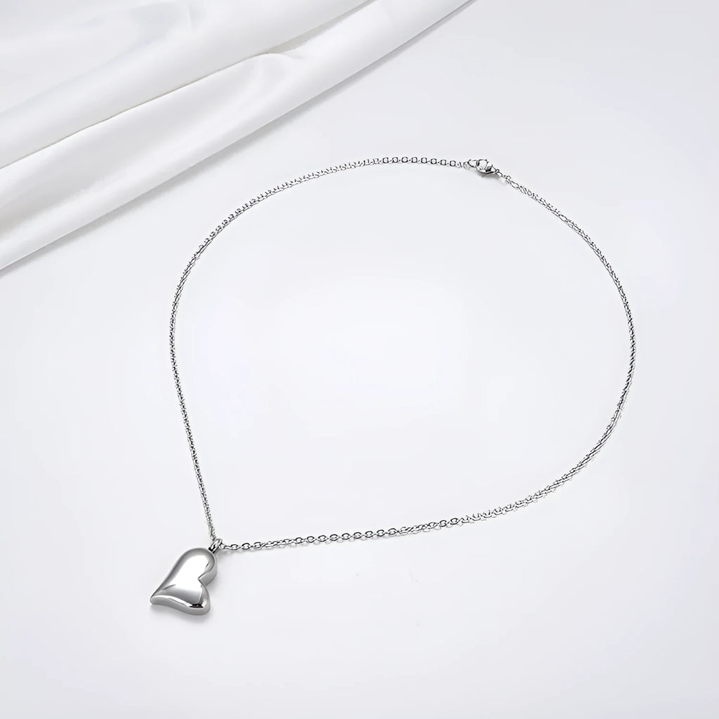 Silver stainless steel curved peach heart pendant necklace with love pattern on adjustable chain