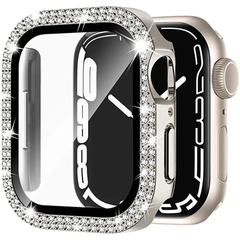 Apple Watch protective case with double diamond glass in rose pink, gold, silver, and black colour options.