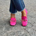 Green suede loafers with metal fastener, round toe and flat rubber sole