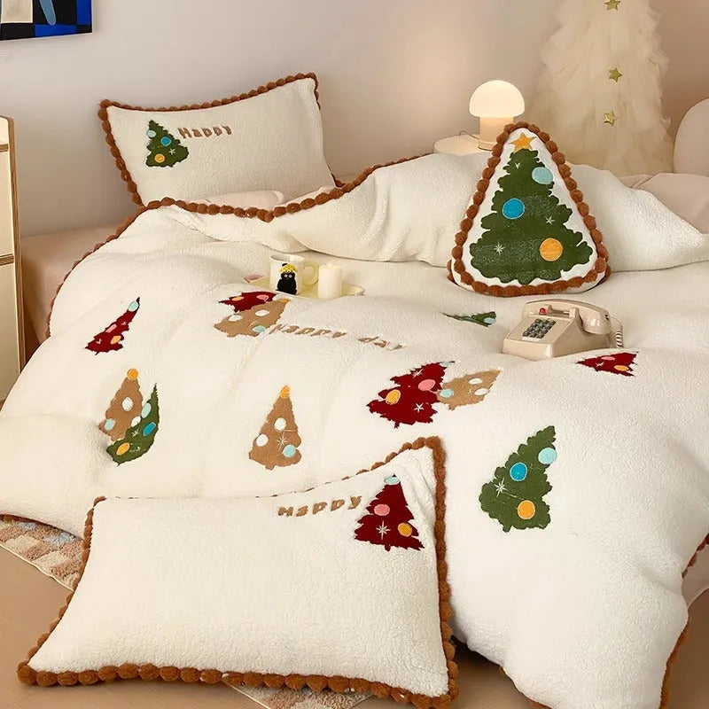 Winter Warm Christmas Tree fleece-lined bedding set in bright yellow with cartoon animation pattern