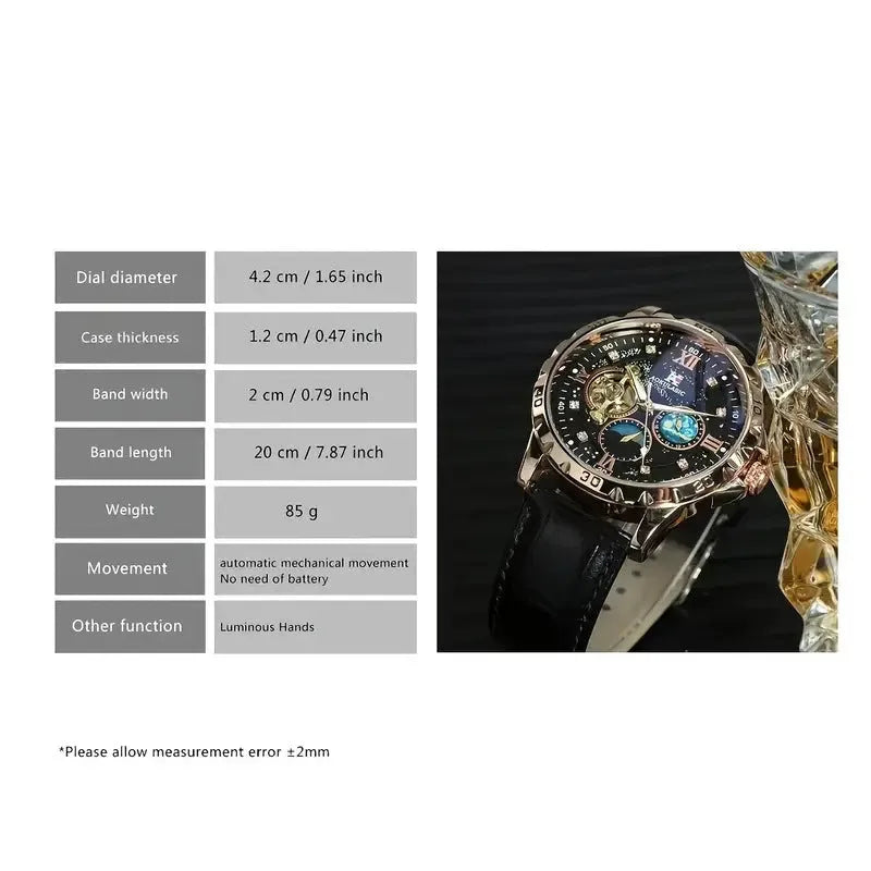Men's black and rose gold automatic mechanical watch with large hollow dial and genuine leather strap
