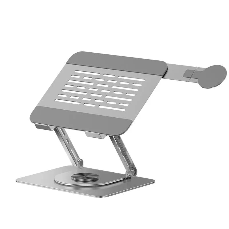 Silver carbon steel laptop stand with side-mounted magnetic phone holder rotated to show 360-degree movement