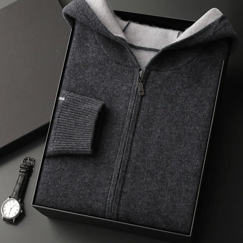 Men's dark blue cashmere cardigan sweater with zipper half-high collar and long sleeves