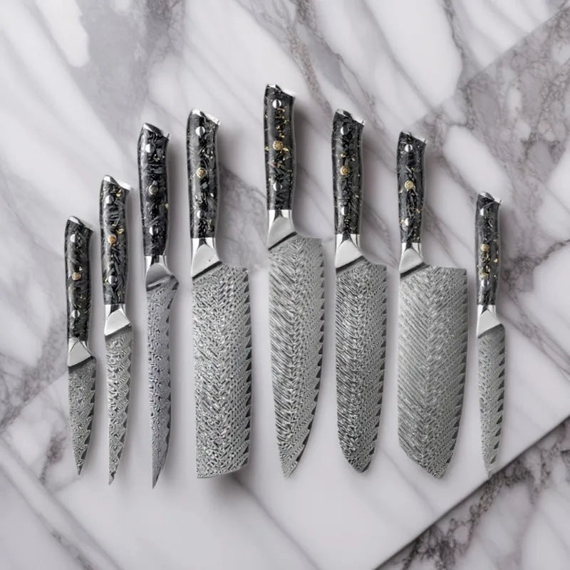 8-piece Damascus steel kitchen knife set with fishbone pattern, showing knives from 3.5-inch fruit knife to 8-inch chef knife.