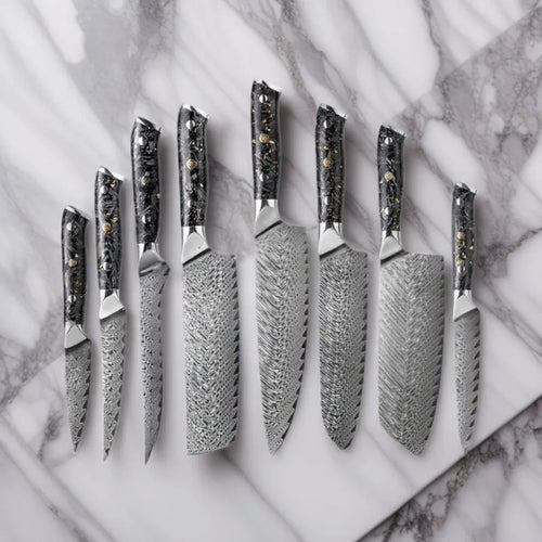 8-piece Damascus steel kitchen knife set with fishbone pattern, showing knives from 3.5-inch fruit knife to 8-inch chef knife.