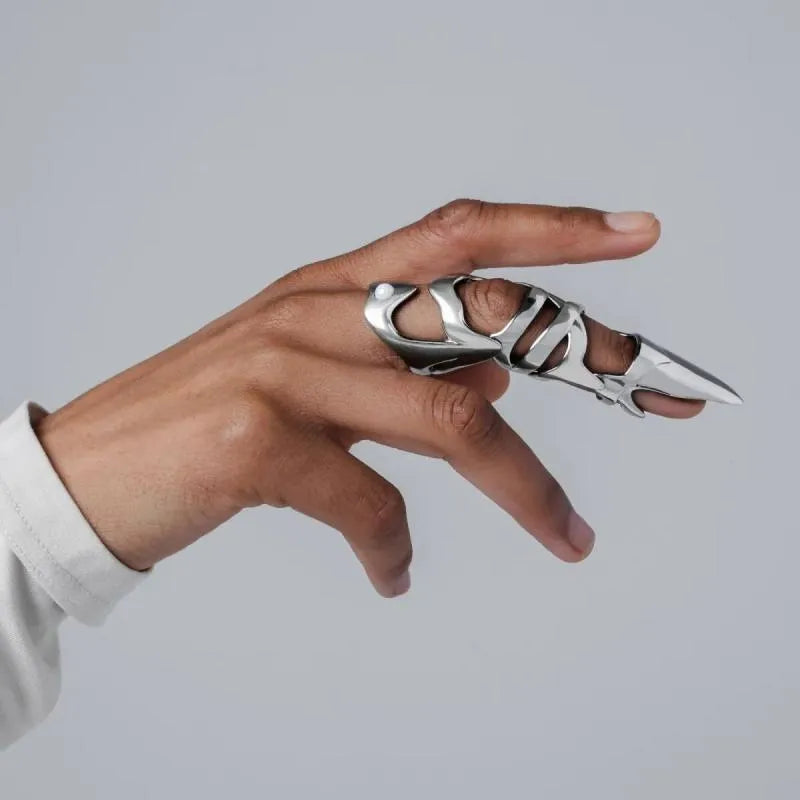 Silver punk armour finger stall ring with alternative jewellery design