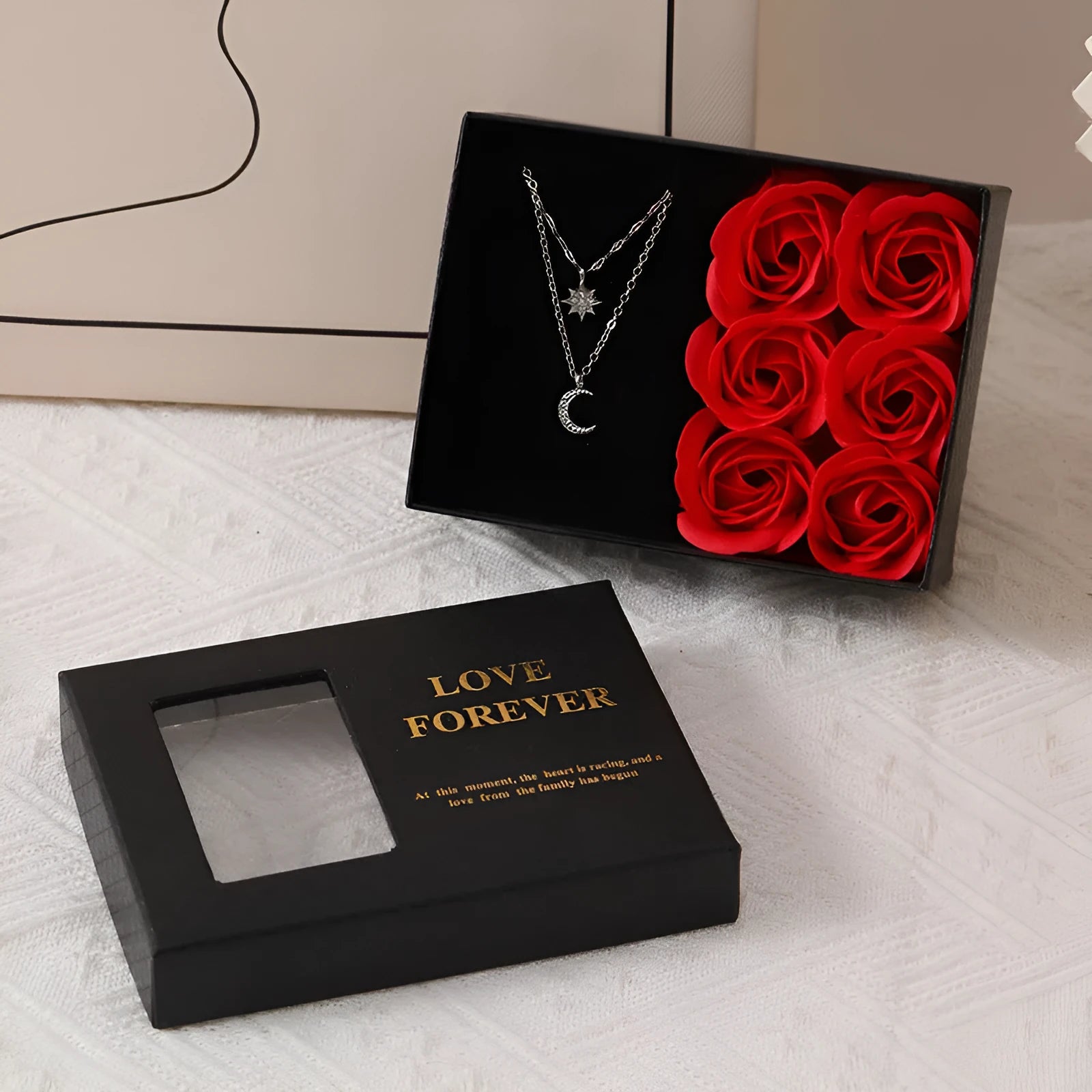 Red soap flower gift box set with six flowers, handbag, and Korean style design.