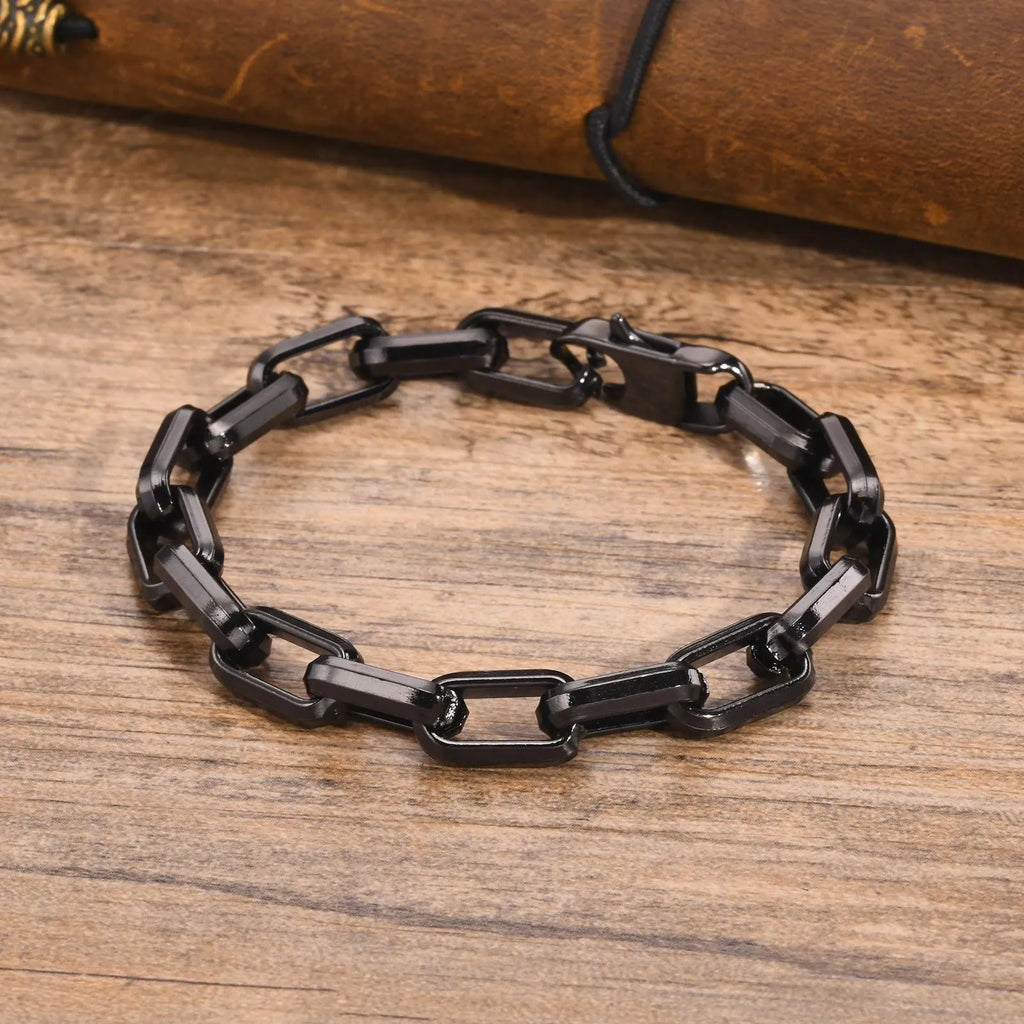 Men's titanium steel square chain bracelet in electroplated black finish showing geometric link design