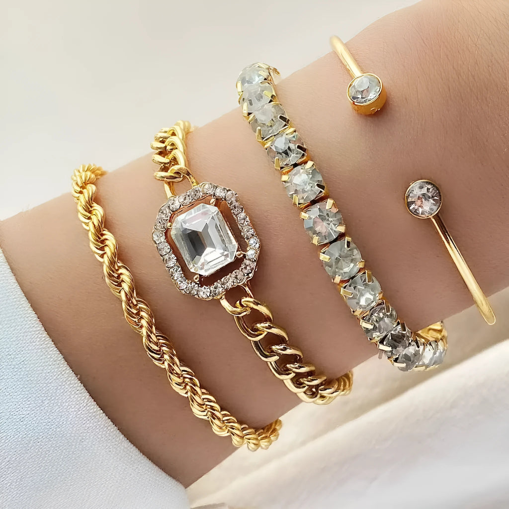 Women's artistic retro geometric alloy bracelet 4-piece set in gold or silver finish