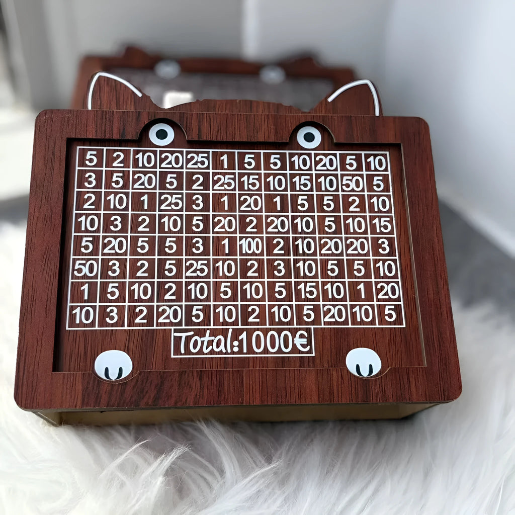 Wooden digital coin bank with LCD display showing currency library design