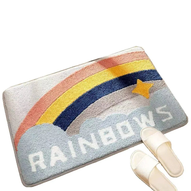 Cashmere carpet floor mat with plastic bottom in sky sea rainbow print, available in 40x60cm or 50x80cm square sizes