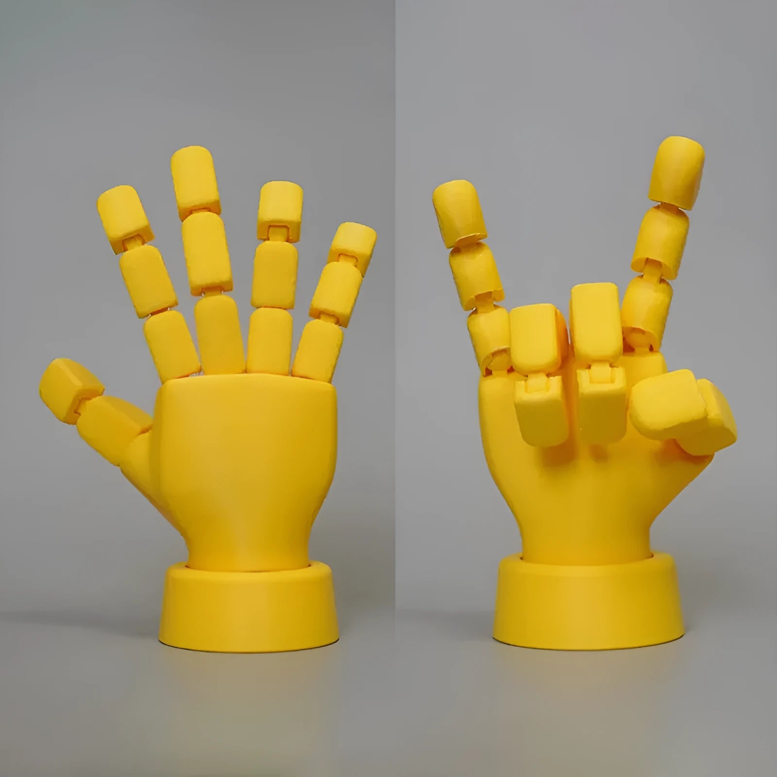 Yellow movable joint hand prop ornament with American style detailing on white background