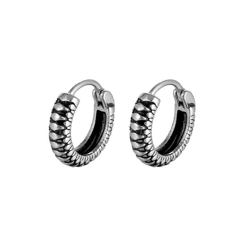 Silver geometric alloy earrings with a retro twist design and stainless steel stripes.