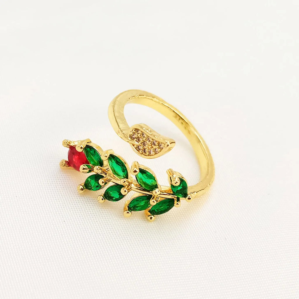 Copper geometric open ring with gold-toned zircon leaf design for women in two colour options