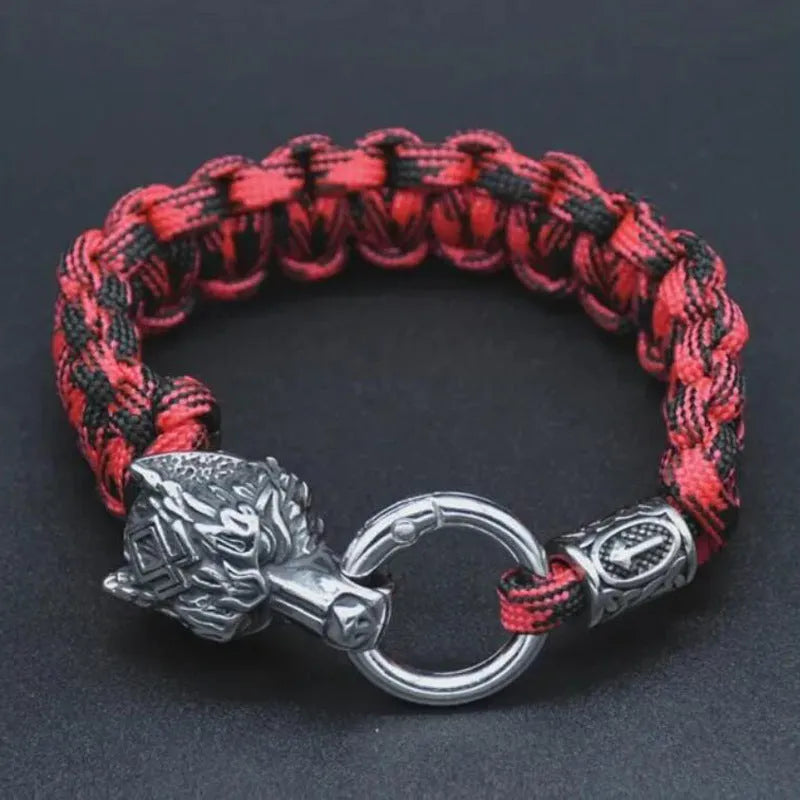 Polished stainless steel wolf head bracelet in camouflage colour showing animal modelling detail