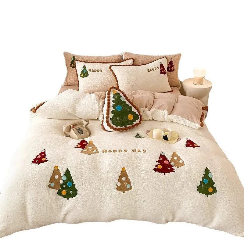 Winter Warm Christmas Tree fleece-lined bedding set in bright yellow with cartoon animation pattern