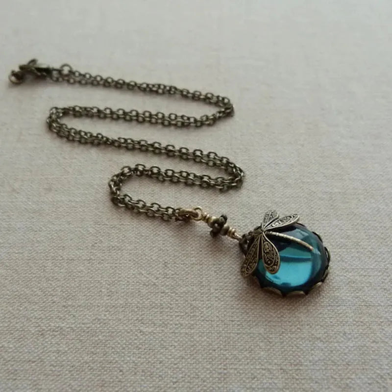 Vintage bronze hand carved dragonfly pendant necklace with 925 silver components in yellow colour