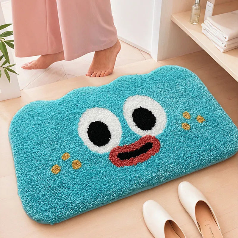 Cartoon printed bathroom mat in cashmere-like polyester fabric showing colour and size options