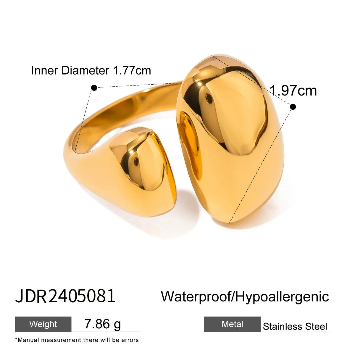 Women's geometric open ring in stainless steel with electroplated finish showing exaggerated angular design