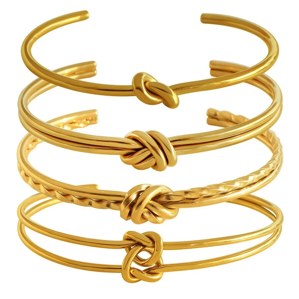 Stainless steel knotted double-layer bracelet with 18K gold plating and adjustable C-shape opening
