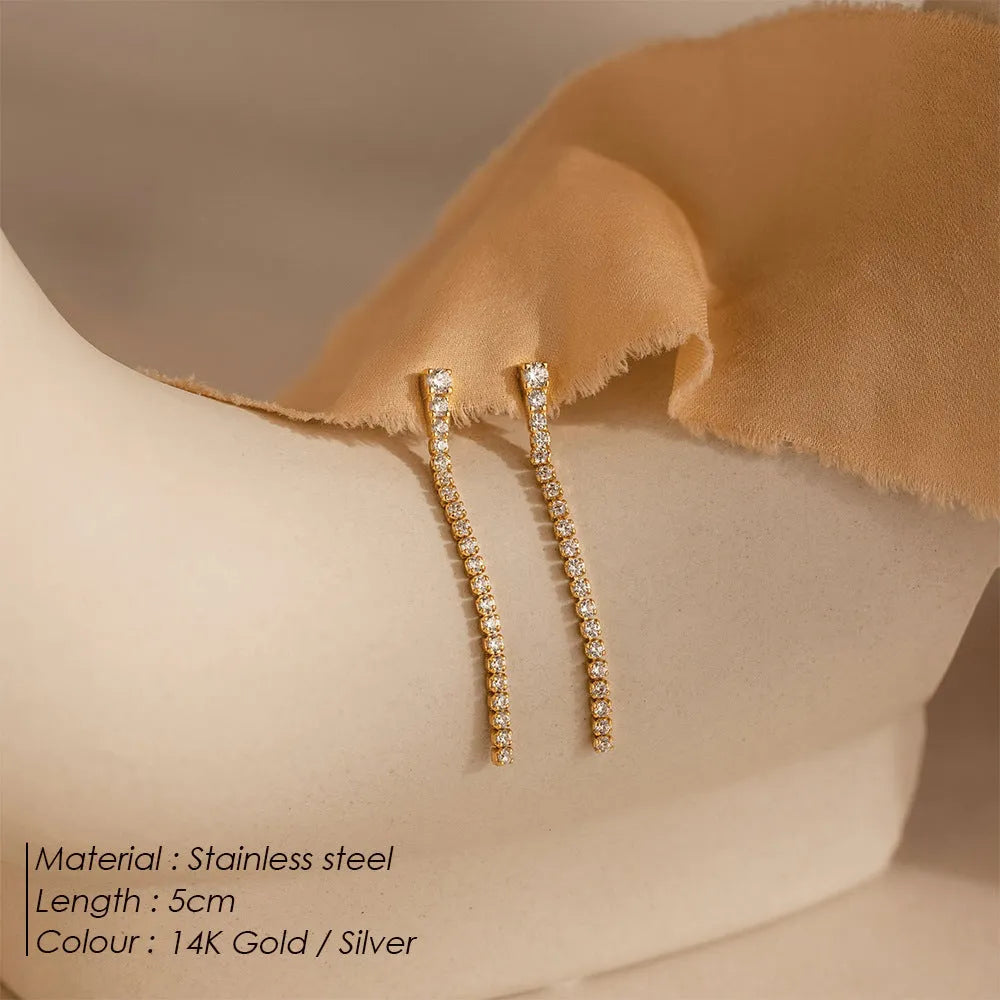 Geometric zircon earrings with Chinese style linear design in stainless steel, gold and steel colour options