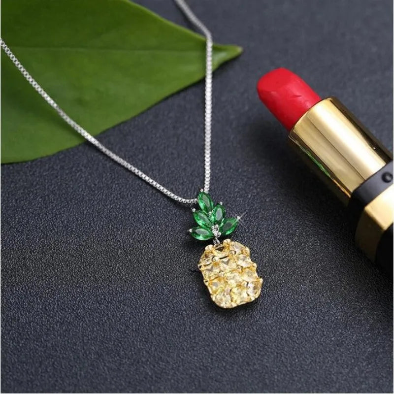 Korean fashion silver plated necklace with geometry pineapple diamond pendant and copper white gold plating