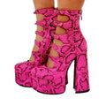 Women's waterproof patent leather platform high heel boots with serpentine belt buckle closure