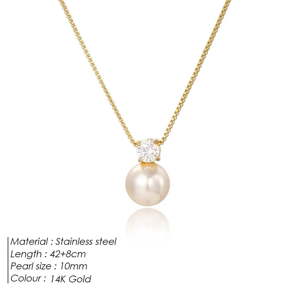 St Delan women's necklace with stainless steel box chain and imitation pearl zircon pendant in gold or steel colour