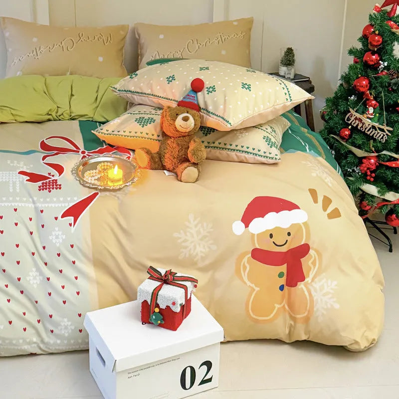 Christmas cartoon printed four-piece bedding set on a bed, showing Gingerbread Man pattern.