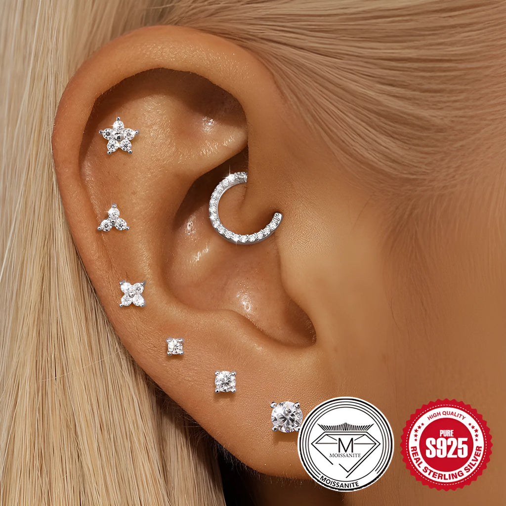 S925 sterling silver clip-on stud earrings with petal diamond debris design in platinum colour.