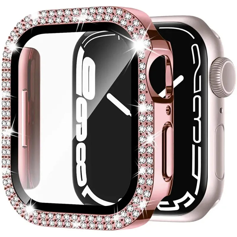 Apple Watch protective case with double diamond glass in rose pink, gold, silver, and black colour options.